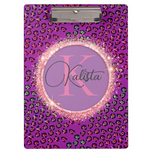 Glam Leopard Pink and Purple Monogram Clipboard