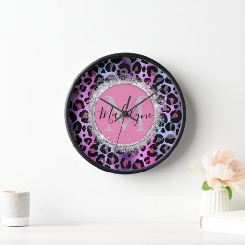 Glam Leopard Pink and Purple Monogram Clock