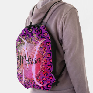 Glam Leopard Pink and Purple Monogram Drawstring Bag