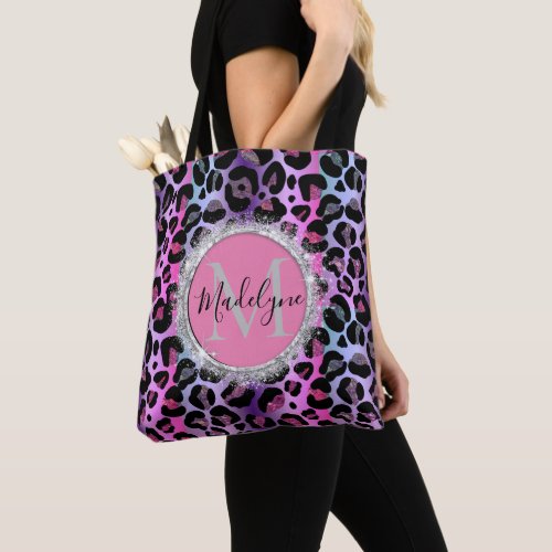 Glam Leopard Pink and Purple Monogram Glitter Tote Bag