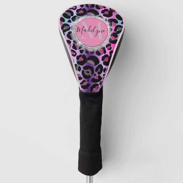 Glam Leopard Pink and Purple Monogram  Golf Head Cover (Front)