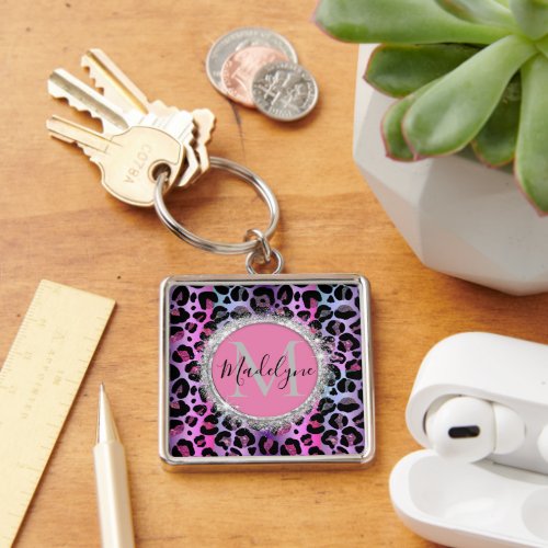 Glam Leopard Pink and Purple Monogram  Keychain
