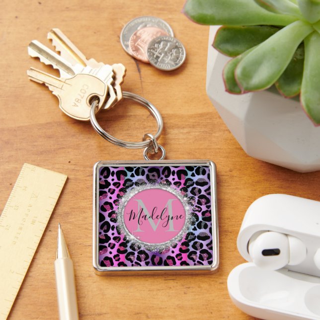 Glam Leopard Pink and Purple Monogram  Keychain (Desk)