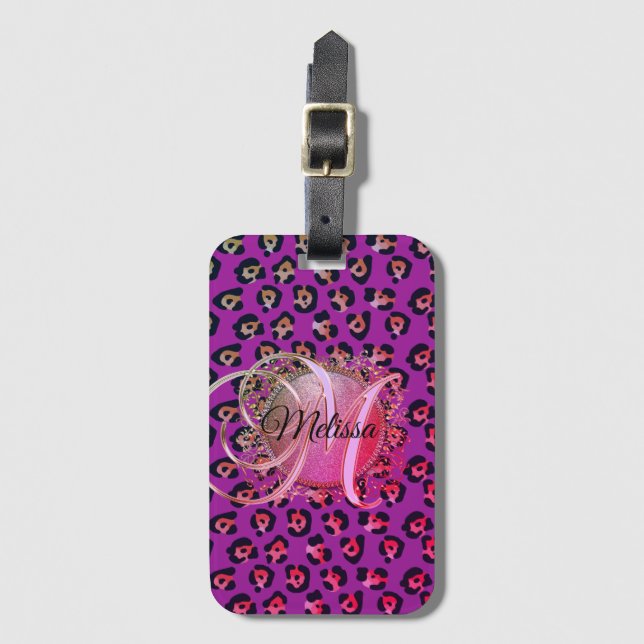 Glam Leopard Pink and Purple Monogram Luggage Tag (Front Vertical)
