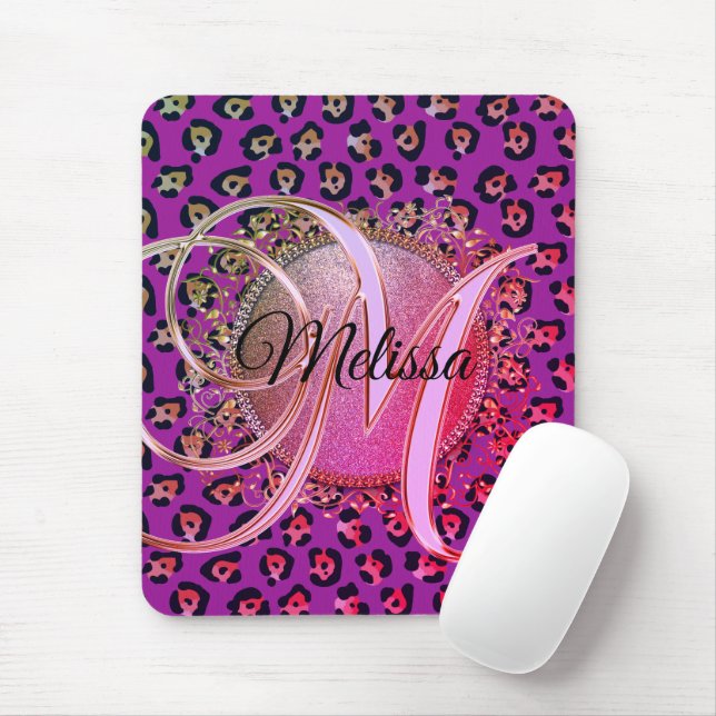 Glam Leopard Pink and Purple Monogram Mouse Pad (With Mouse)
