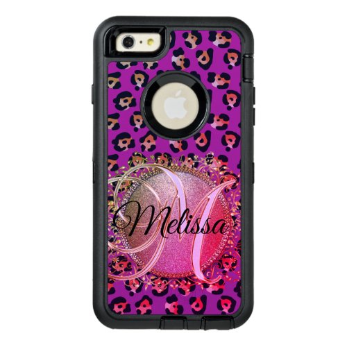 Glam Leopard Pink and Purple Monogram OtterBox Defender iPhone Case