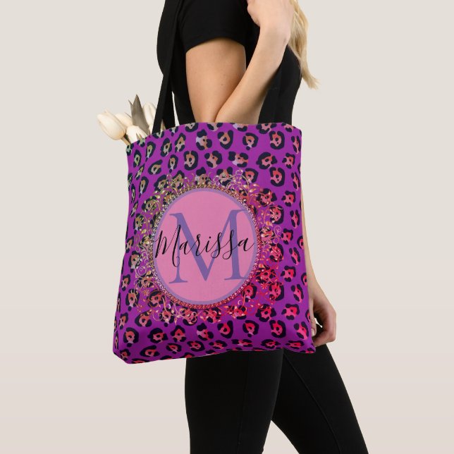 Glam Leopard Pink and Purple Monogram Personalized Tote Bag (Close Up)