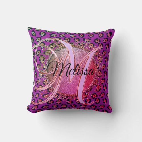 Glam Leopard Pink and Purple Monogram Throw Pillow