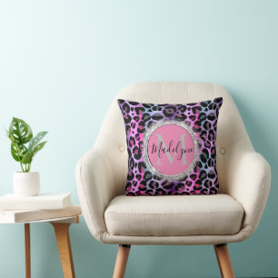 Glam Leopard Pink and Purple Monogram Throw Pillow