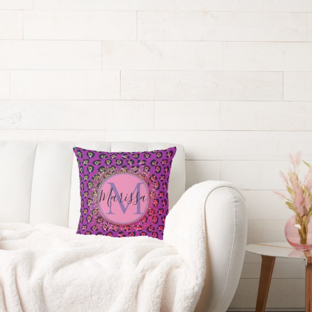 Glam Leopard Pink and Purple Monogram Throw Pillow (Couch)