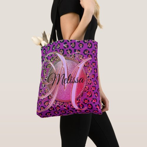 Glam Leopard Pink and Purple Monogram Tote Bag