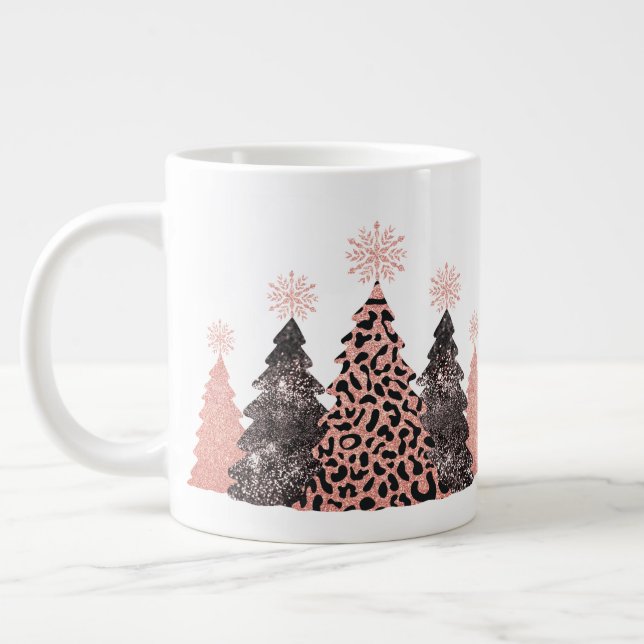 Glam Leopard Print Christmas Trees Giant Coffee Mug (Left)