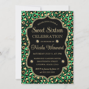 Glam Leopard Print Gold Green Black Sweet 16 Invitation