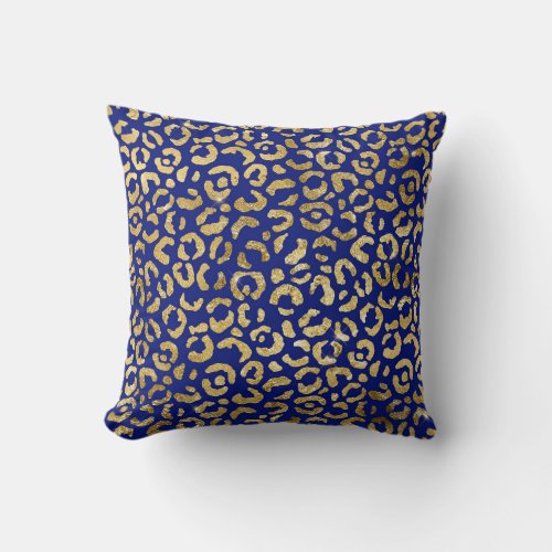 Glam Leopard Print Navy Blue Gold Faux Foil Throw Pillow