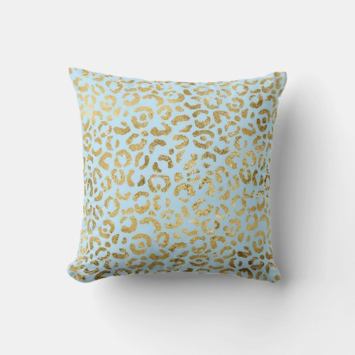 Glam Leopard Print Pastel Blue Gold Faux Foil Throw Pillow