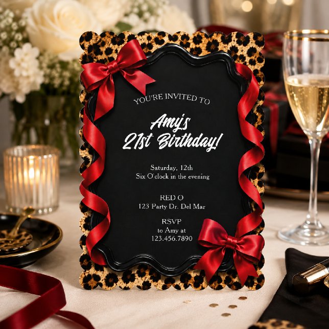 Glam Leopard Print Red Bow Birthday Invitation (Creator Uploaded)