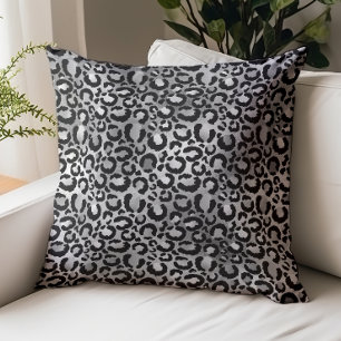 Glam Leopard Print Silver Black Faux Foil Throw Pillow