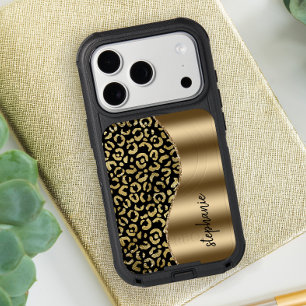Glam Leopard Spots Black Gold Metallic Name iPhone 17 Pro Case