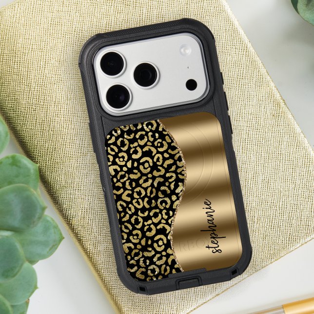 Glam Leopard Spots Black Gold Metallic Name Otterbox iPhone Case (Creator Uploaded)
