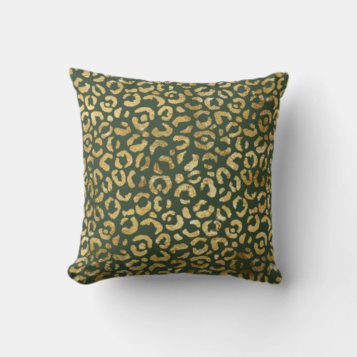 Glam Leopard Spots Dark Green Gold Faux Foil Throw Pillow