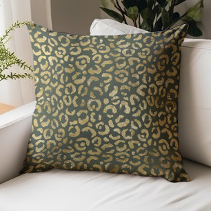 Glam Leopard Spots Dark Green Gold Faux Foil Throw Pillow