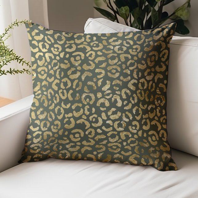 Glam Leopard Spots Dark Green Gold Faux Foil Throw Pillow (Creator Uploaded)