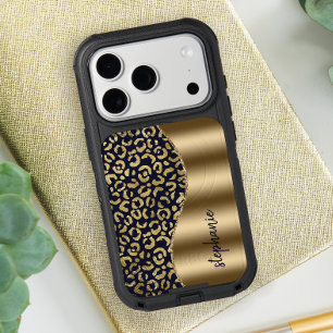 Glam Leopard Spots Gold Dark Blue Metallic Name iPhone 17 Pro Case