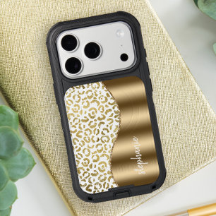Glam Leopard Spots Gold White Metallic Name iPhone 17 Pro Case
