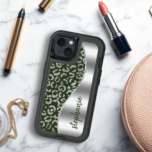 Glam Leopard Spots Metallic Silver Green Name iPhone 13 Case