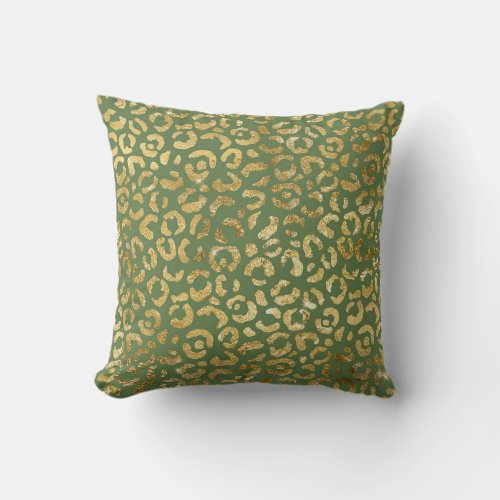 Glam Leopard Spots Olive Green Gold Faux Foil Throw Pillow