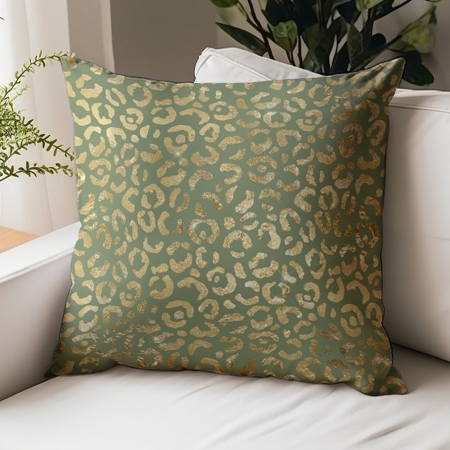 Glam Leopard Spots Olive Green Gold Faux Foil Throw Pillow (Creator Uploaded)