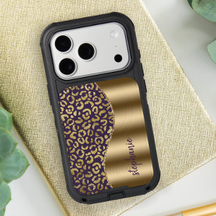 Glam Leopard Spots Purple Gold Metallic Name iPhone 17 Pro Case