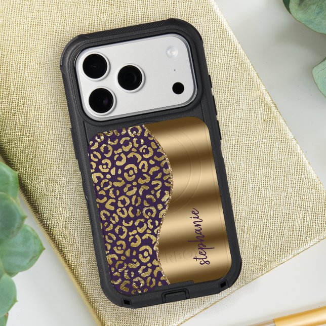 Glam Leopard Spots Purple Gold Metallic Name Otterbox iPhone Case (Creator Uploaded)