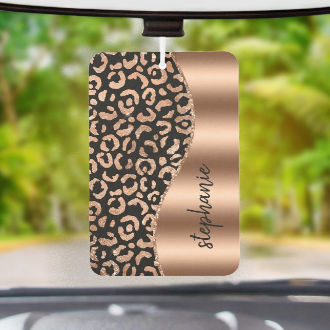 Glam Leopard Spots Rose Gold Black Metallic Name Air Freshener (Creator Uploaded)