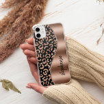 Glam Leopard Spots Rose Gold Black Metallic Name Case-Mate iPhone 14 Case<br><div class="desc">This design features a chic rose gold leopard spot pattern on a black background on the left, and a rose gold faux foil image on the right in the shape of a wave bordered with rose gold faux glitter. Personalize it with your name or monogram in a stylish black handwritten...</div>