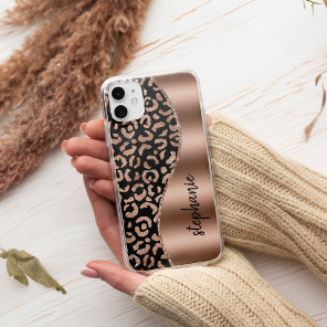 Glam Leopard Spots Rose Gold Black Metallic Name Case-Mate iPhone 14 Case