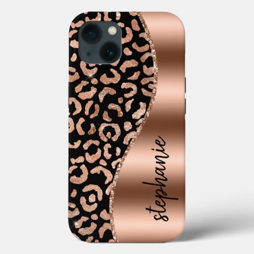 Glam Leopard Spots Rose Gold Black Metallic Name iPhone 13 Case