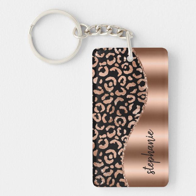 Glam Leopard Spots Rose Gold Black Metallic Name Keychain (Front)