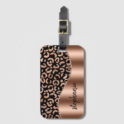 Glam Leopard Spots Rose Gold Black Metallic Name Luggage Tag