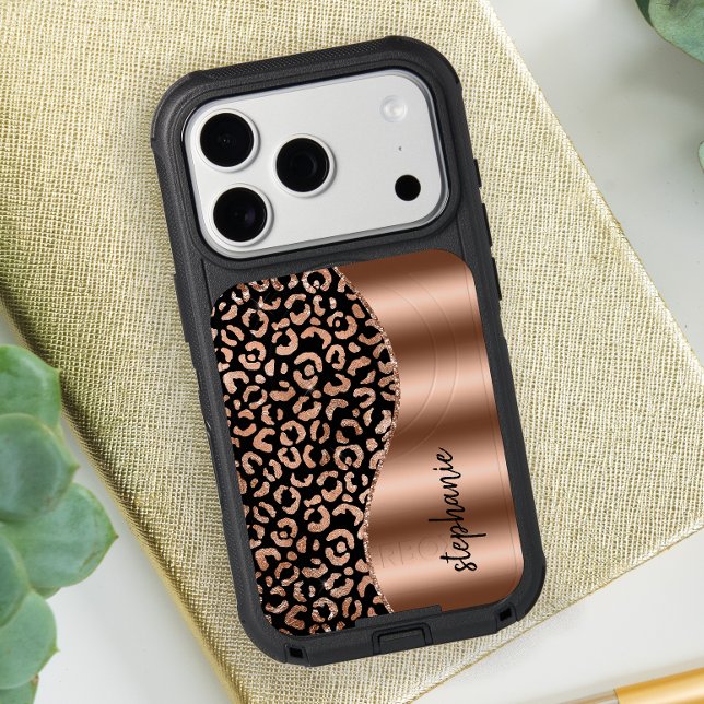 Glam Leopard Spots Rose Gold Black Metallic Name Otterbox iPhone Case (Creator Uploaded)