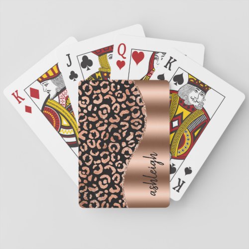 Glam Leopard Spots Rose Gold Black Metallic Name Poker Cards