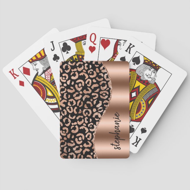 Glam Leopard Spots Rose Gold Black Metallic Name Poker Cards (Back)