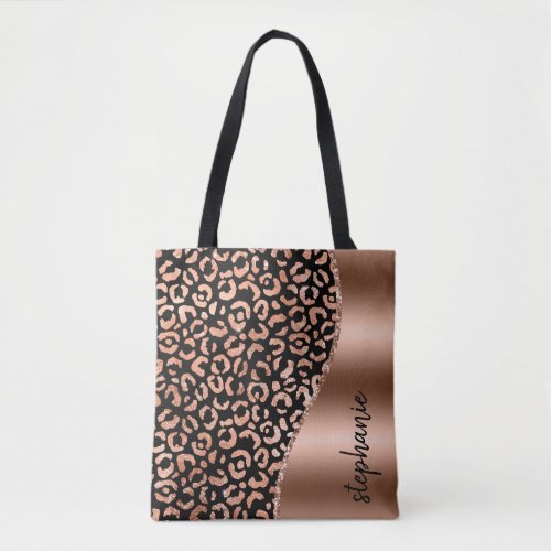 Glam Leopard Spots Rose Gold Black Metallic Name Tote Bag