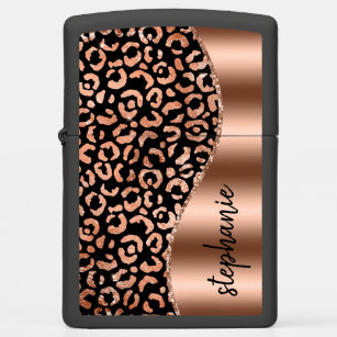 Glam Leopard Spots Rose Gold Black Metallic Name Zippo Lighter