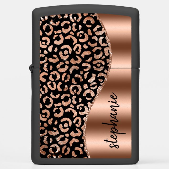 Glam Leopard Spots Rose Gold Black Metallic Name Zippo Lighter (Front)