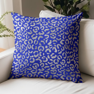 Glam Leopard Spots Royal Blue Silver Faux Foil Throw Pillow