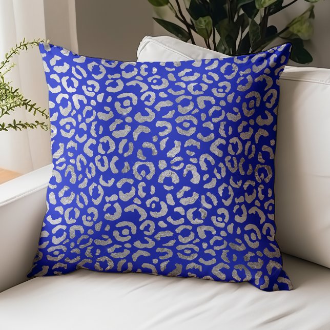 Glam Leopard Spots Royal Blue Silver Faux Foil Throw Pillow (Creator Uploaded)