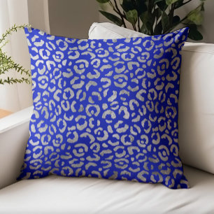 Glam Leopard Spots Royal Blue Silver Faux Foil Throw Pillow
