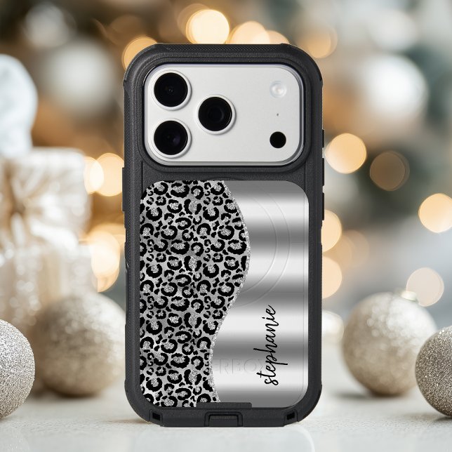 Glam Leopard Spots Silver Black Metallic Name Otterbox iPhone Case (Creator Uploaded)