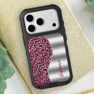 Glam Leopard Spots Silver Burgundy Metallic Name iPhone 17 Pro Case